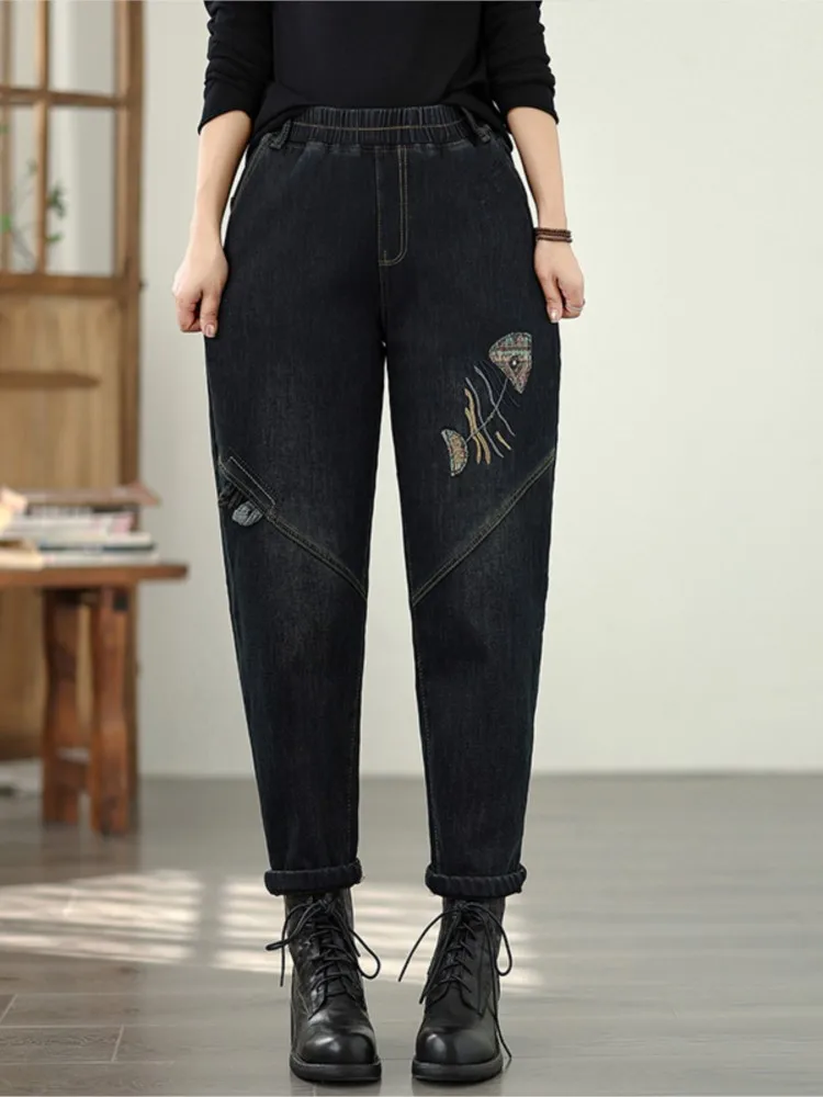 المتضخم الجينز الخريف الشتاء أفخم بانت المرأة طباعة التطريز أزياء السيدات الحريم السراويل مرونة عالية الخصر امرأة السراويل