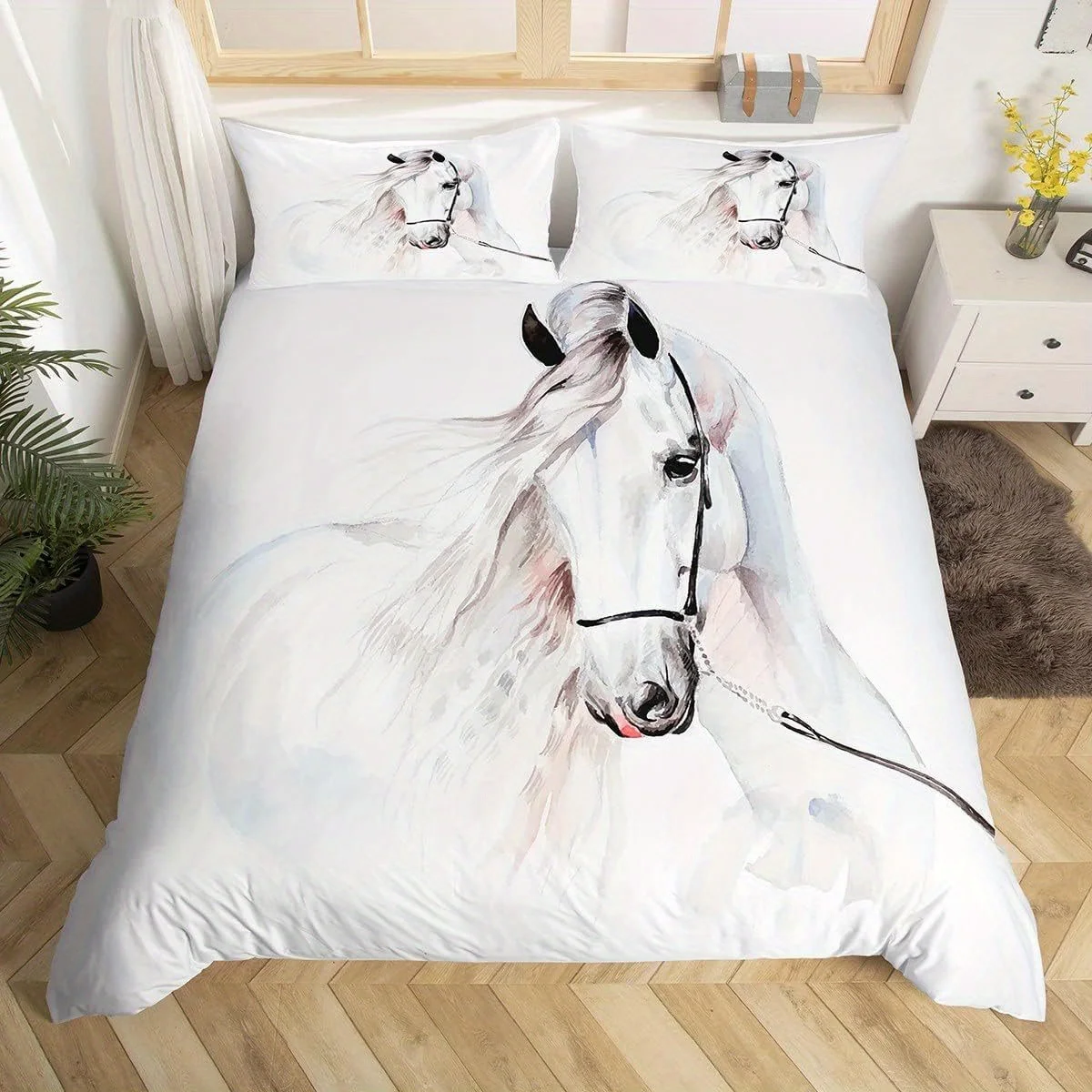 2/3PCS White Horse Art Duvet Cover Set - Soft Breathable Bedding for Bedrooms & Guests - HD Print, 1 Duvet Cover + 1/2 Pillowcas