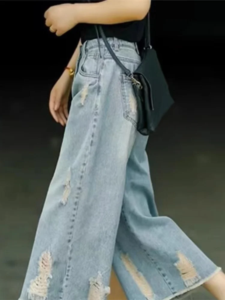 

Прямые широкие джинсы с высокой талией в стиле ретро, женские летние весенние художественные брюки с потертостями и девятью точками, повседневные джинсовые узкие брюки