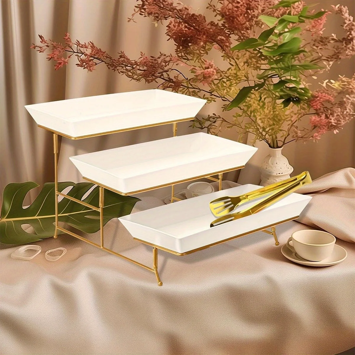 White Tiered Serving Stand + Tong, 3 Plastic Tray with Metal Stand for Cupcakes, Donuts, Fruits - Tiered Tray Stand for Tea Party, Party Food Display, Wedding Scene view 3