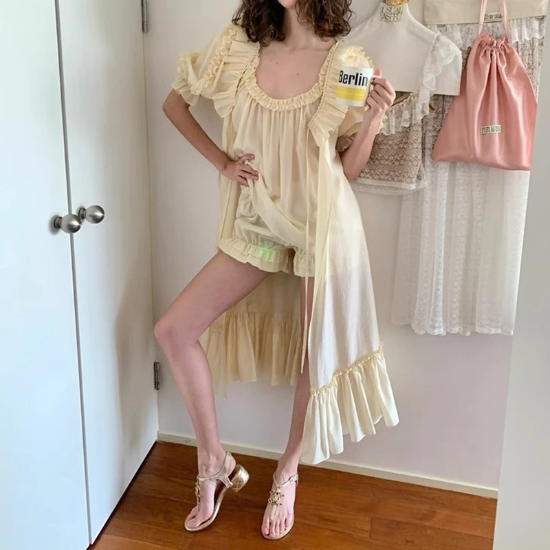 

Womens 2Pieces Summer Pajamas Set Y2k Frill Trim Loose Sleeveless Sheer Tops with Ruffle Layered Blommer Shorts Sleep Loungewear