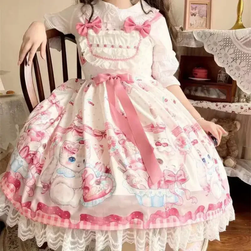 Coslan japonês doce lolita op vestido de verão meninas bonito laço arco morango coelho chá vestidos de festa feminino harajuku kawaii chique v