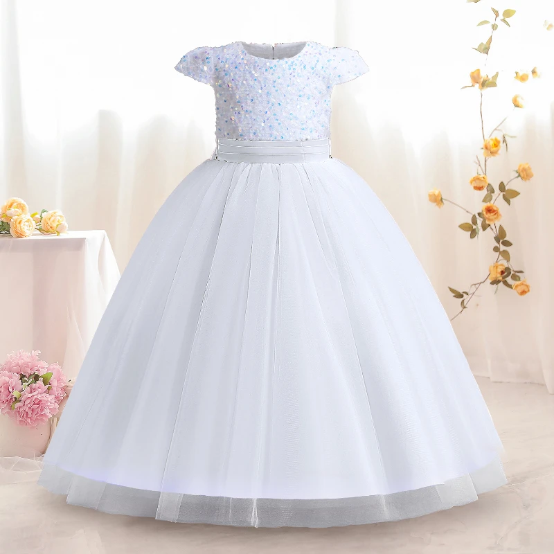 Teenage Girls Princess Dress for 5-14 Years Elegant White Long Party Dresses Children Sequins Wedding Evening Formal Prom Gown