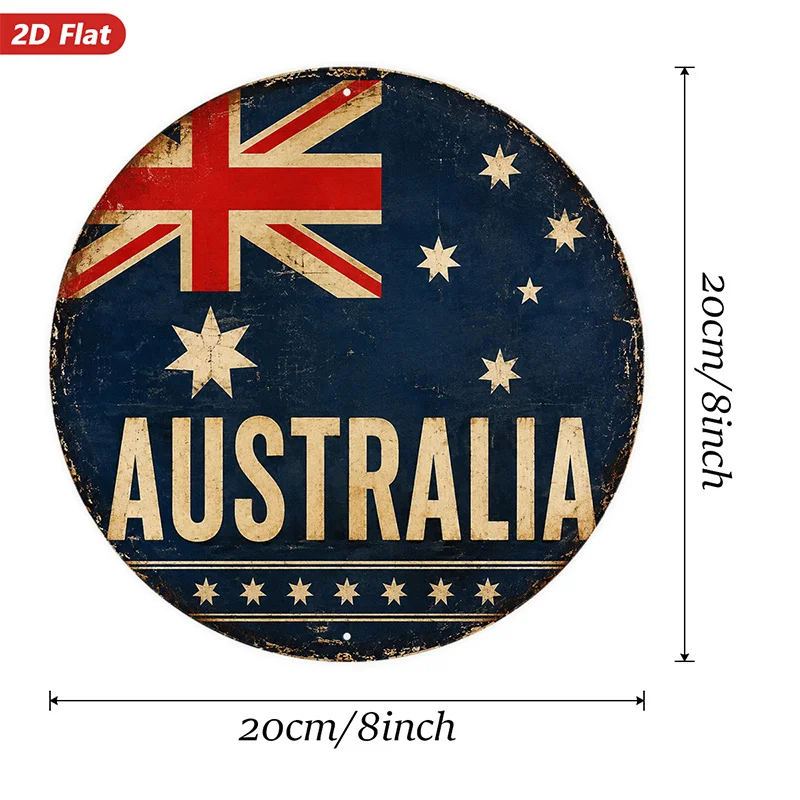 2D Flat, 1pc Australia Heritage Round Metal Sign Wall Art, Australia Text, Union Jack Detail, Southern Cross Stars, Perfect for