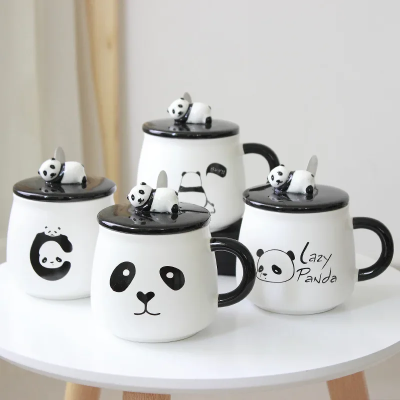 3D Panda Ceramic Cups with Lids Spoons Straw Creative Mugs Korean Student Home Coffee Milk Water Bottle Holiday Gifts Drinkware