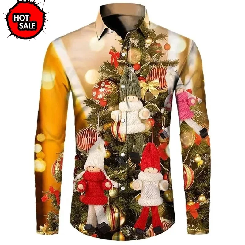 

Christmas Decorations 2024 Clothing Men's Christmas Trees Printed Shirts Santa Claus Graphics Button Up Long Shirt Fashion Tops