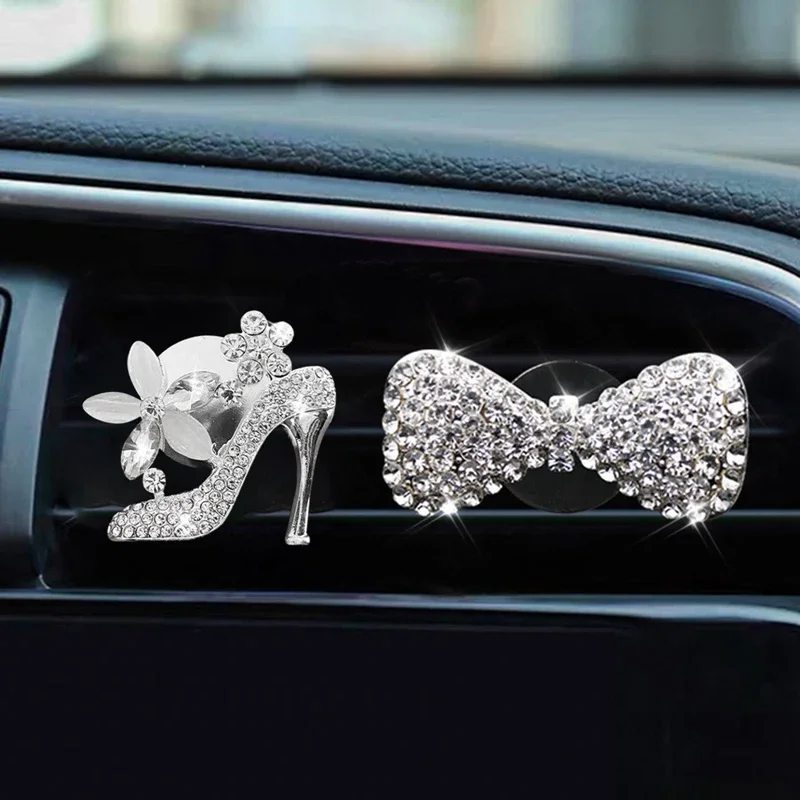 Bling Crystal Car Ornaments Rhinestone Heart Bow Auto Air Vent Fragrance Clip for Girls Women Air Outlet Perfume Decorations