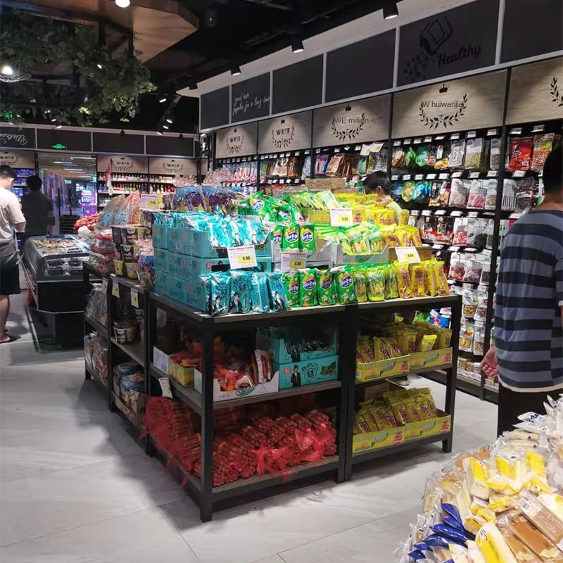 custom.HongMing Display Supermarket Rack Double-sided Wood Metal Promotion Desk Quick Installation Customizable Shelves