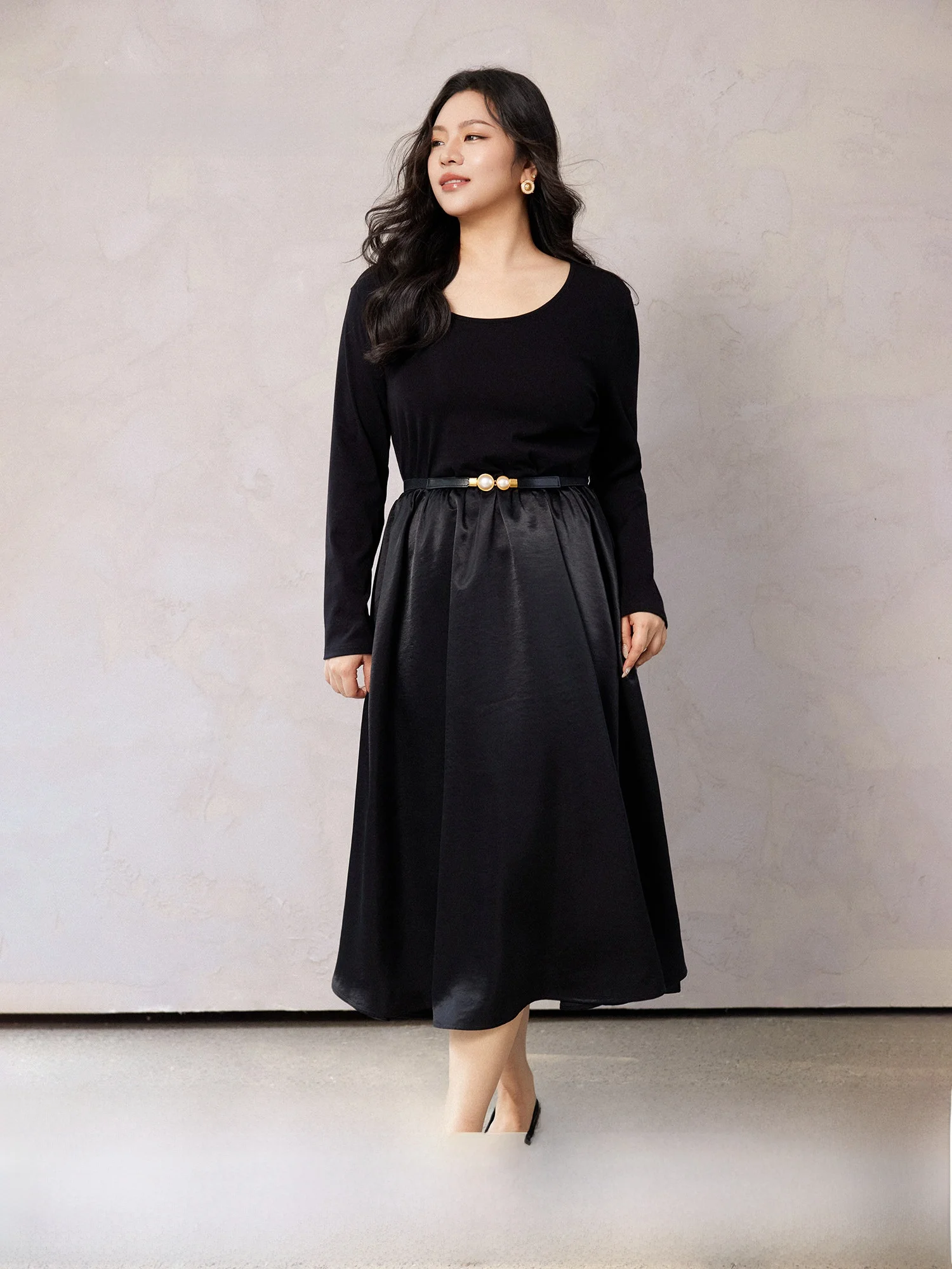 

Ele Plusmall Night Waltz Dr iny Satin Slimming Waist Knitted Long Sve A-Line Dr for Women Spring Season