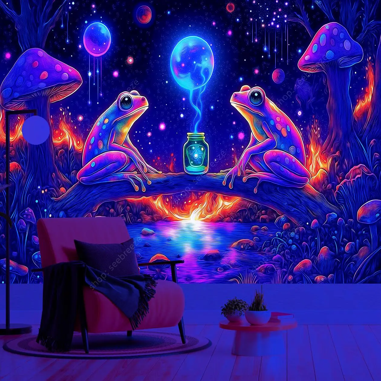 ماجيك فورست الضفدع جمع الأشعة فوق البنفسجية نسيج مسحور متوهجة الفطر ليلة مليئة بالنجوم الجدار الشنق البوهيمي ديكور المنزل التأمل الفن