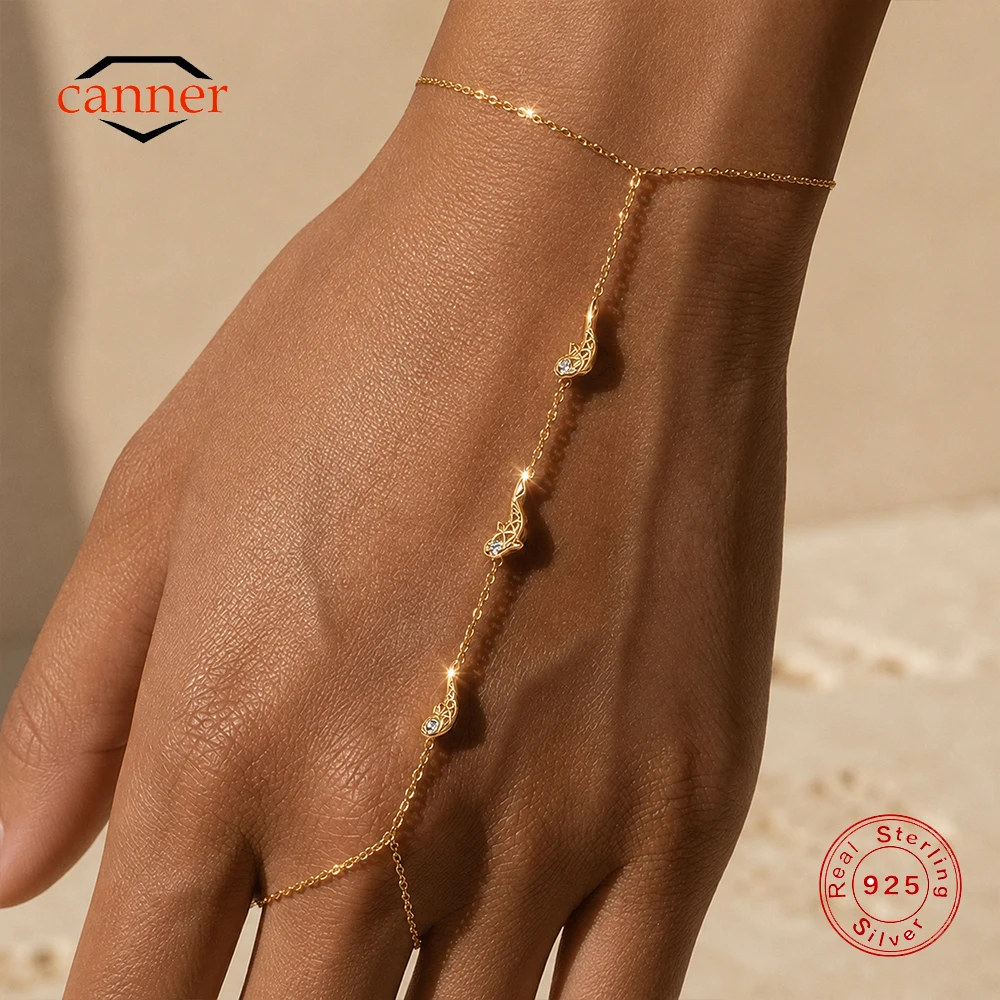 

CANNER 925 Sterling Silver Lucky Koi Goldfish Hand Chain Ring Bracelet For Women INS Minimalism Finger Chain Jewelry Party Gift