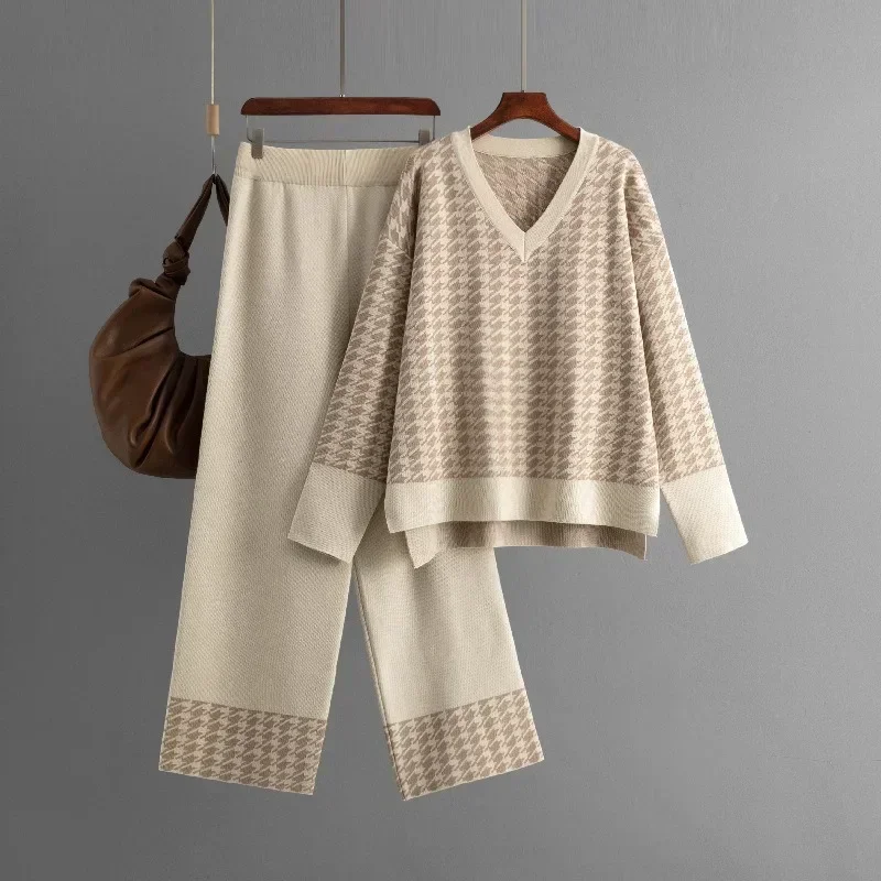 Autumn Fashion Houndstooth V-neck Sweater Suit Winter New Casual V-neck Pullovers Knitted Wide Leg Pants Women Two-piece Sets