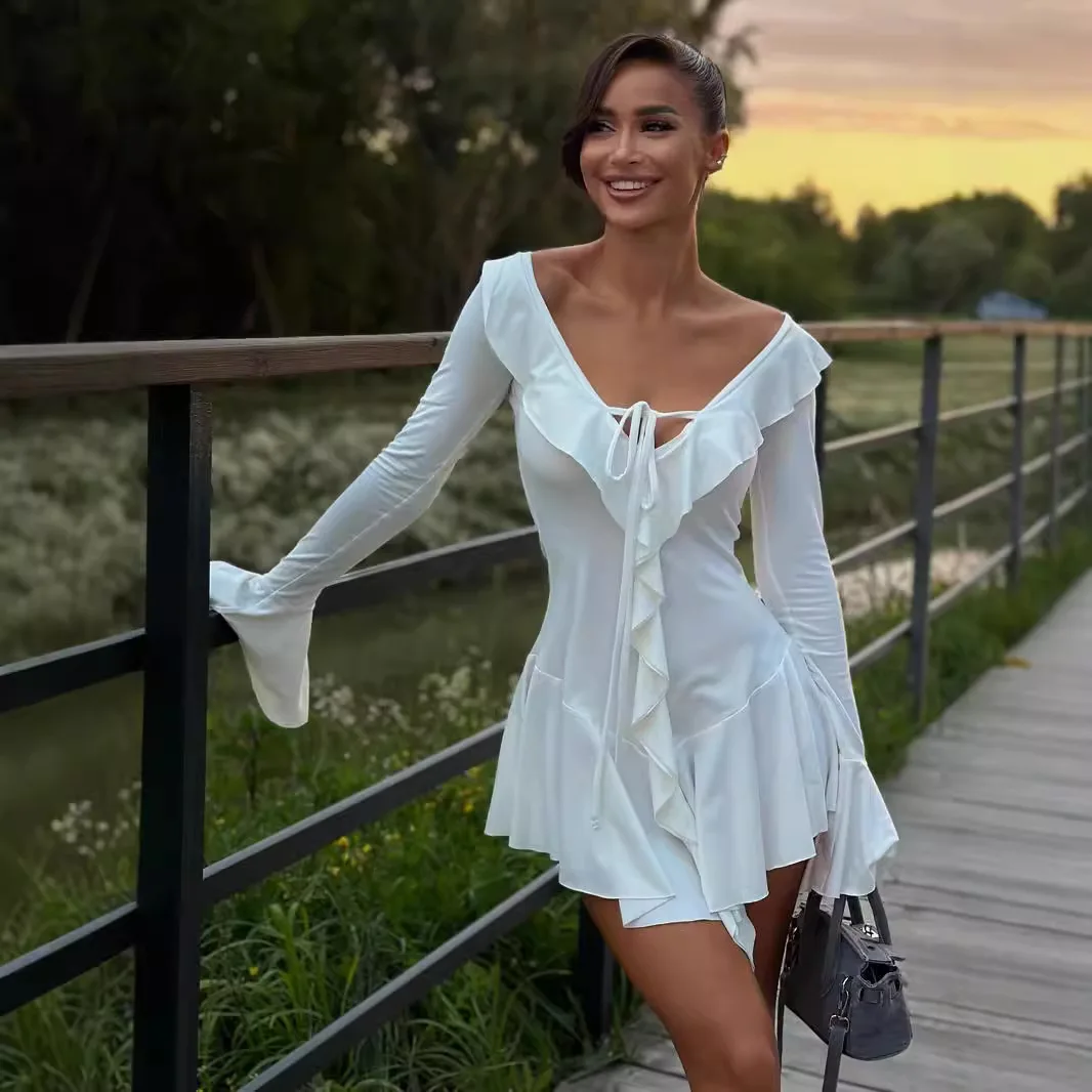 

2026 New Fashion Slim Ruffle Strap Dresses Women Summer Sexy And Elegant Solid Color V-neck Irregular Mini Dress For Women