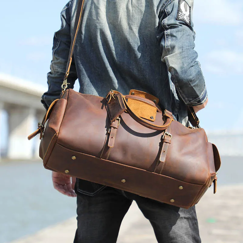 Luufan Vintage Men\'s Genuine Leather Travel Bags Women Vintage Leather Travel Duffle 50cm Big Size Luggage Bgs For Male Handbag