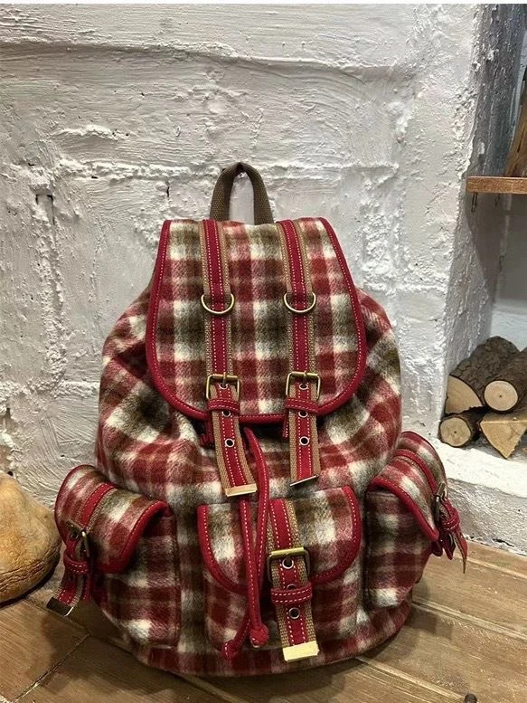 2024 New All-Matching Retro Red Plaid Wine Heart Berry Strawberry Cute Girl Woolen Backpack Korean Sle