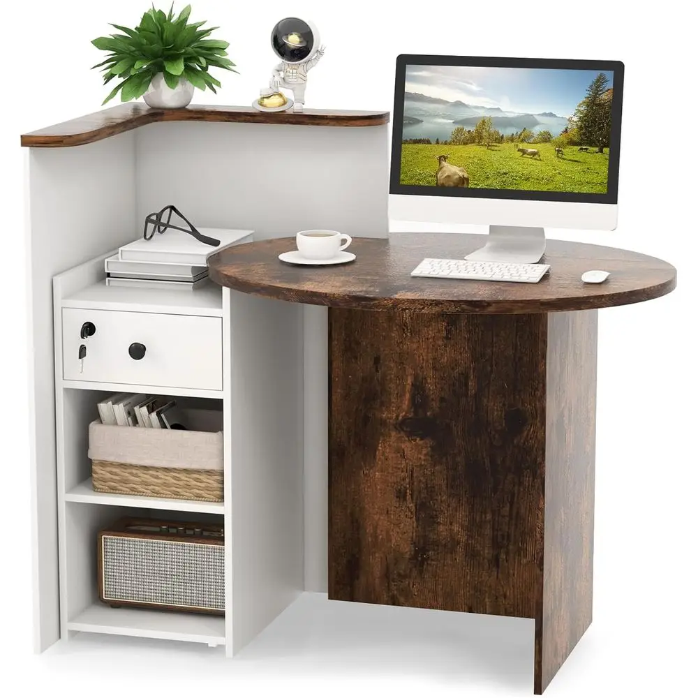 Front Counter Desk with Lockable Drawer & Adjustable Shelf, Oval Desktop, Retail Counter for Checkout, Computer Workstation for