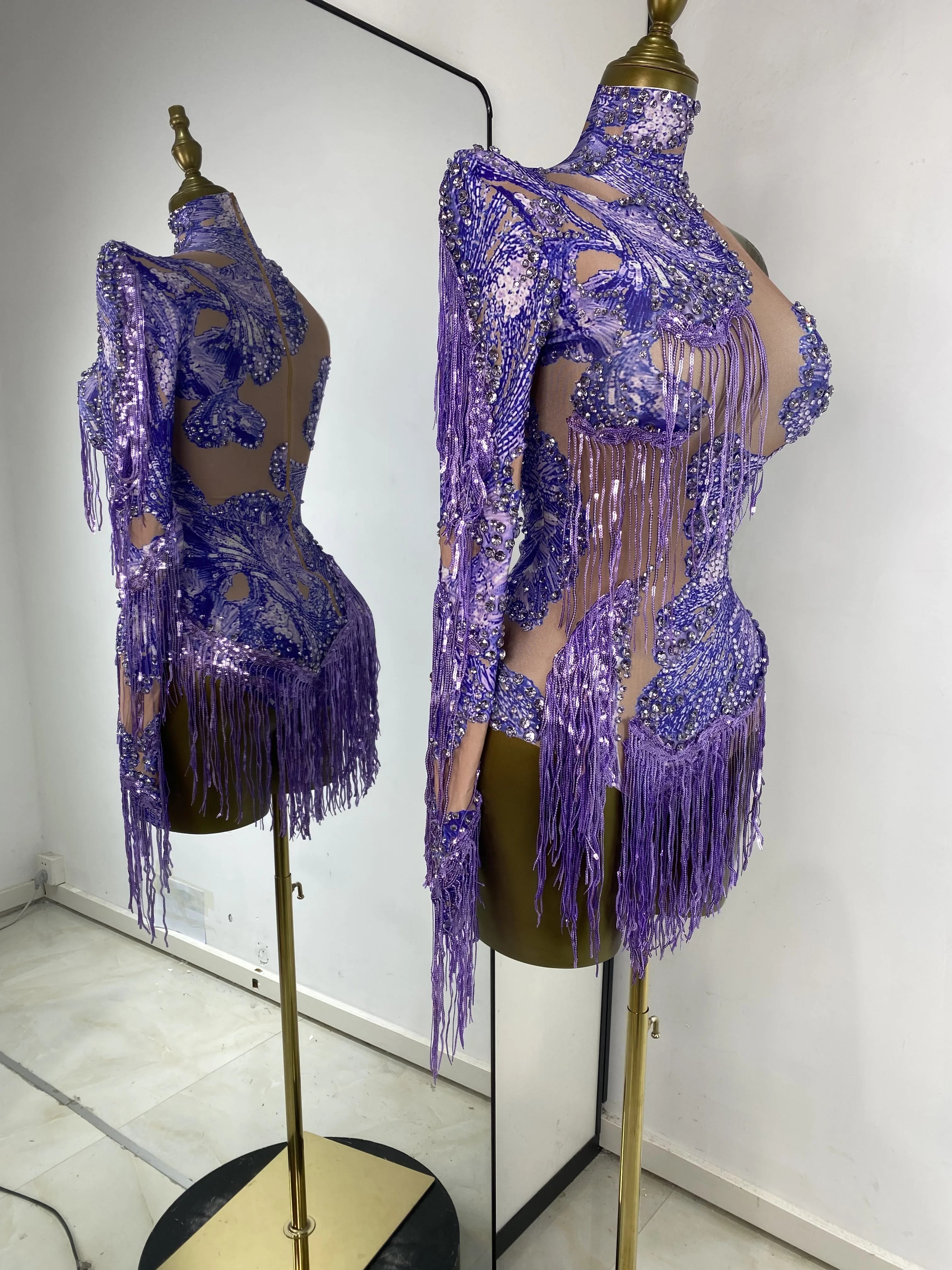 فستان رقص رياضي سباركلي كم فردي مرصع بأحجار الراين ترتر شرابة مطاطية من الألياف اللدنة فستان قاعة الرقص المنافسة يوتار #2