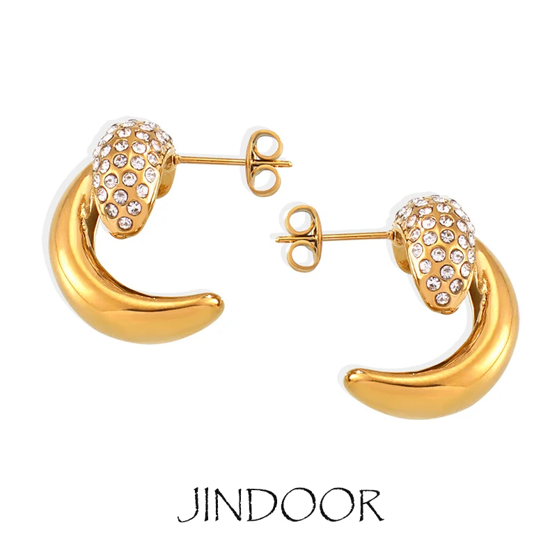 JINDOOR 18k Gold Plated Titanium Steel Earrings Crescent Hoops – Trendy and Minimalist for Women