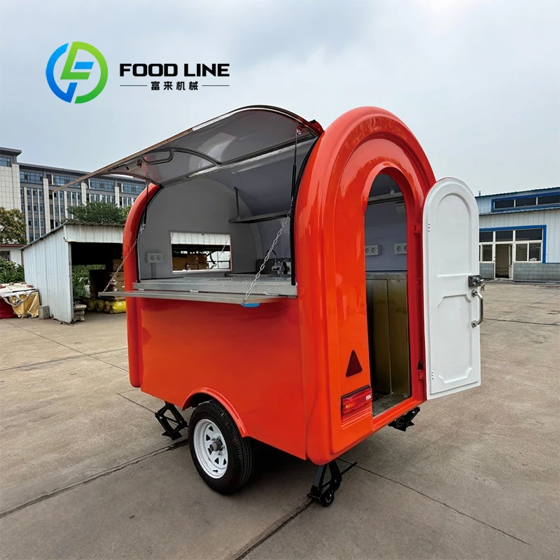 

Многофункциональная оранжевая маленькая круглая тележка для еды, портативная уличная тележка для мобильного бизнеса, продажа по индивидуальному заказу