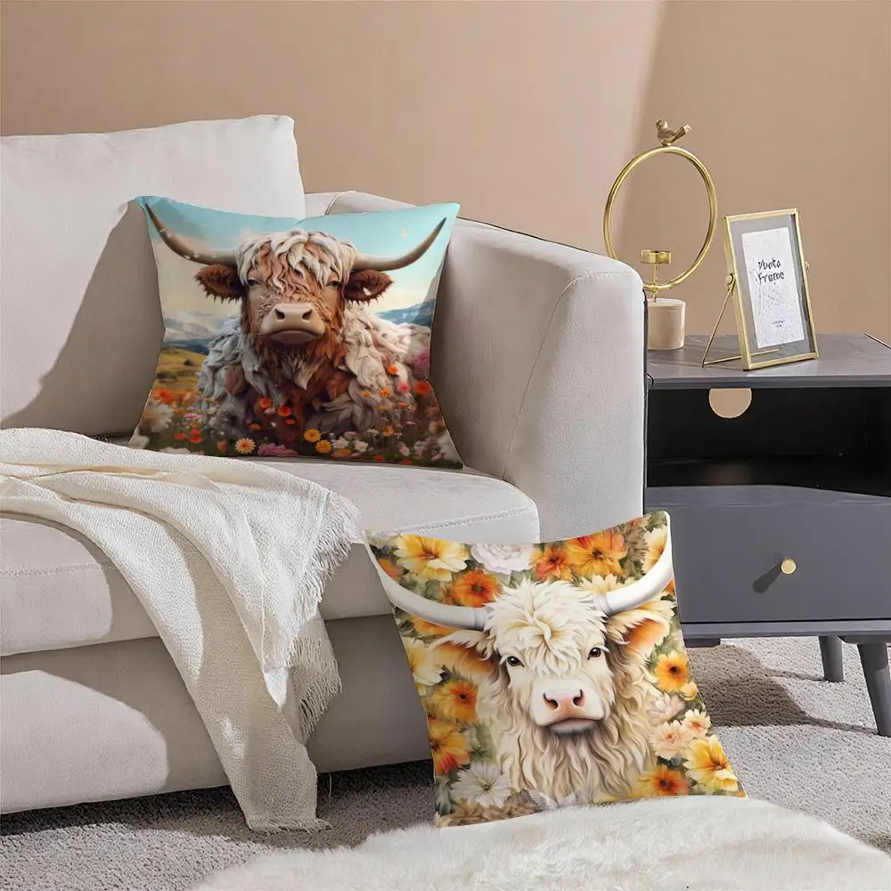 نابضة بالحياة المرتفعات البقرة نمط غطاء الوسادة حريري قصير أفخم مع سحاب غير مرئي الغبار أريكة كيس وسادة للديكور المنزل