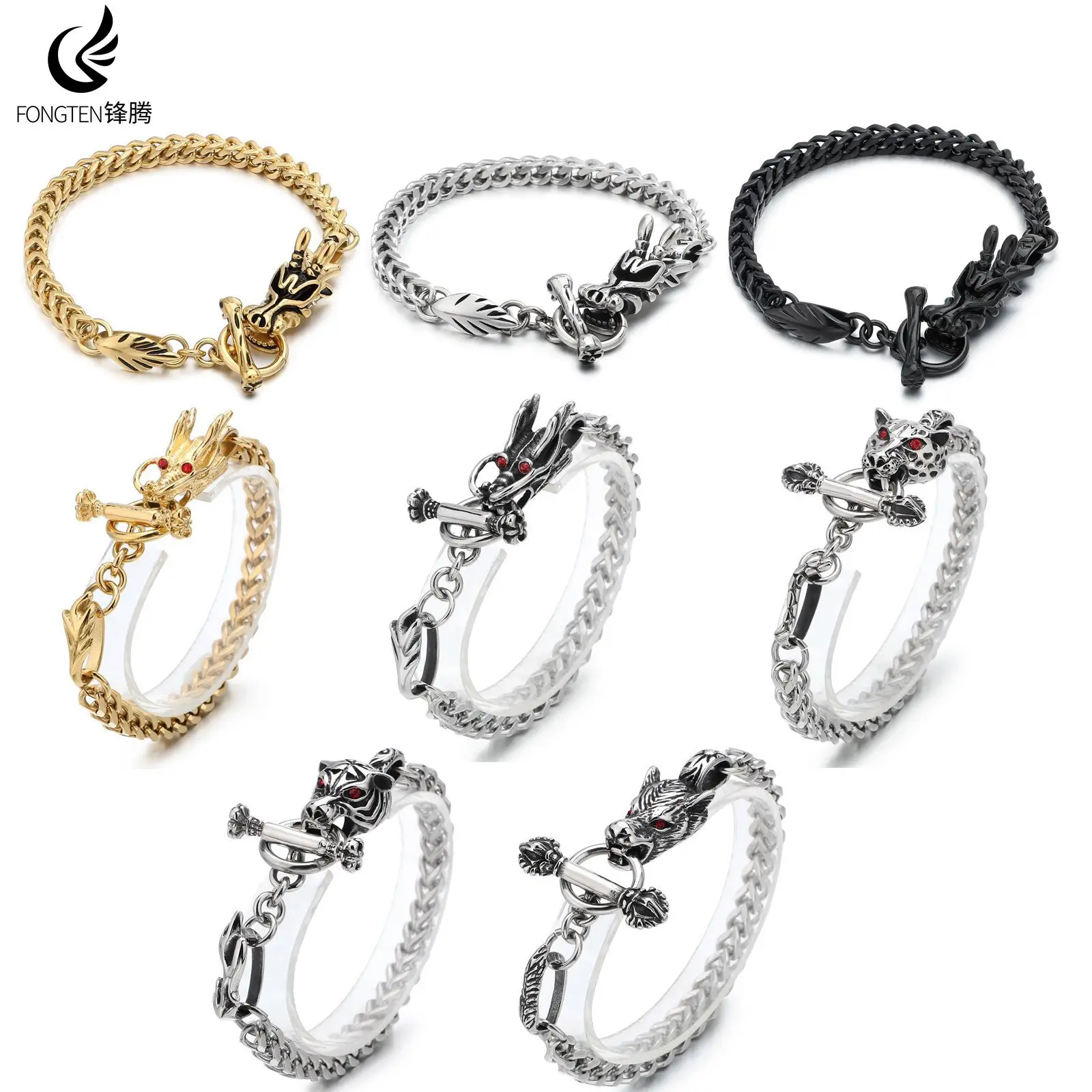 Fongten Dragon Head Stainless Steel Bracelet For Men Zodiac Loong Bone Woven Chain Fashionable Trendy Male Jewelry Party Gifts