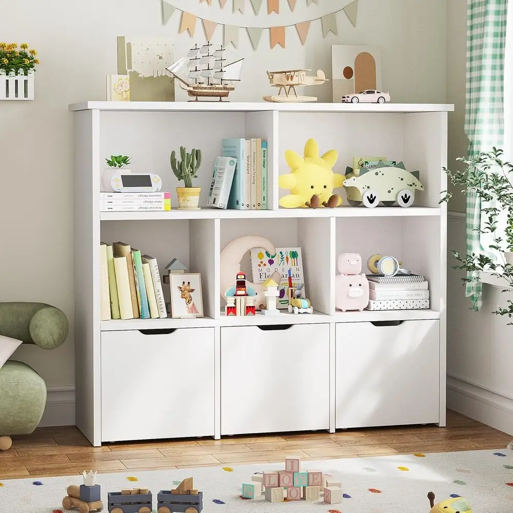 

Детский органайзер для игрушек с 3 ящиками и 5 открытыми полками, мобильное хранилище белого цвета