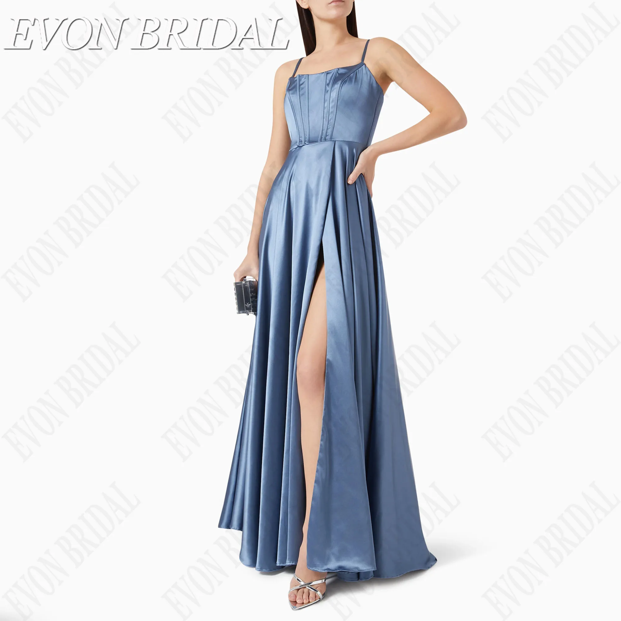 

EVON BRIDAL Spaghetti Strap Formal Evening Gowns Pleat A-Line Side Slit Celebrity Dress Square Neck Satin فساتين سهرة Customized