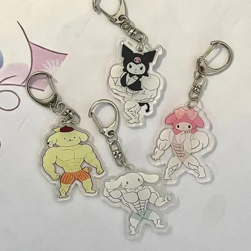 Muscle Sanrio Stud Keychain Kuromi Cinnamoroll Mymelody Pom Pom Purin Fitness Acrylic Bag Pendant Send Bestie Gift