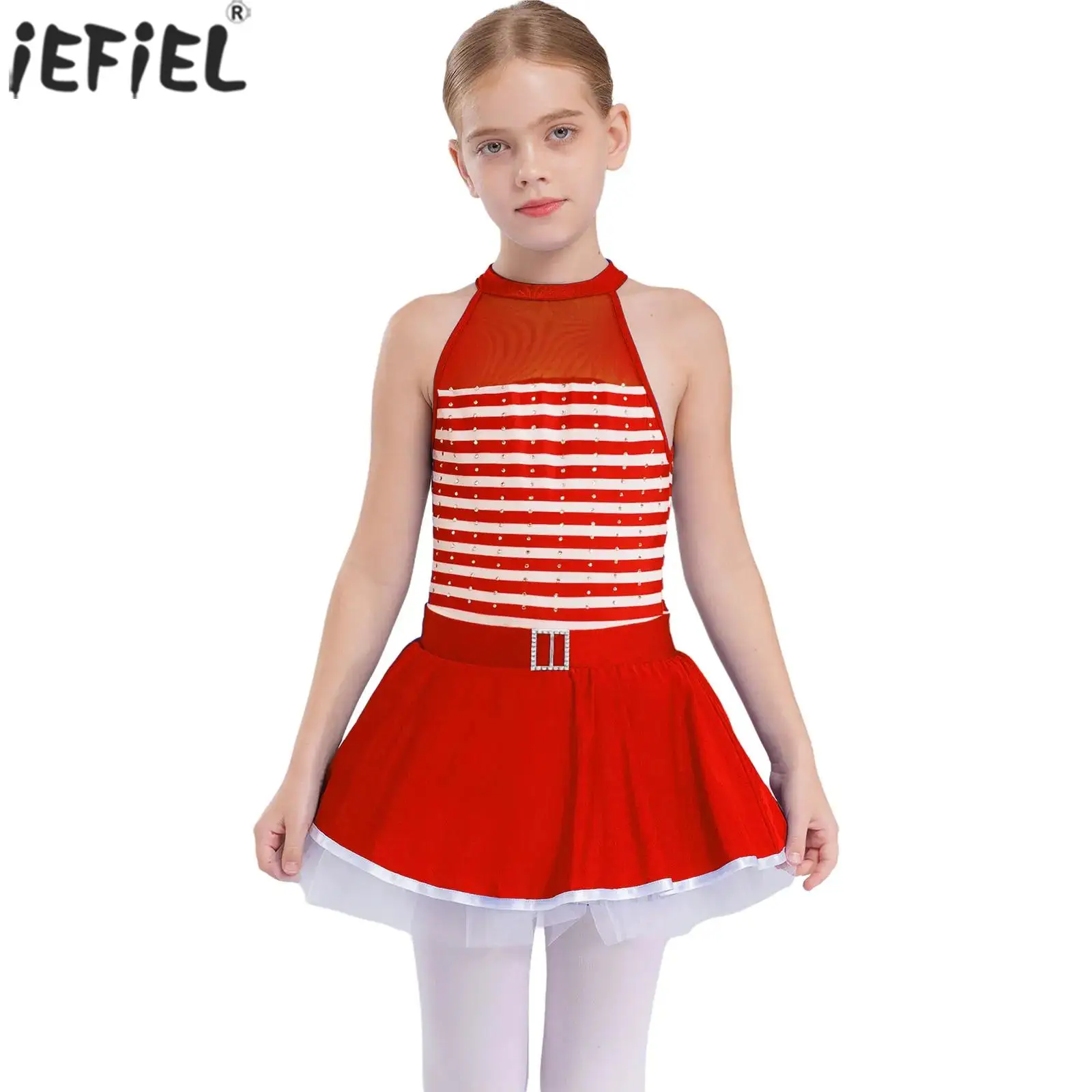 Kids Girls Ballet Tutu Dress Figure Skating Dance Gymnastics Costume Shiny Rhinestones Sleeveless Striped Sheer Mesh Leotards