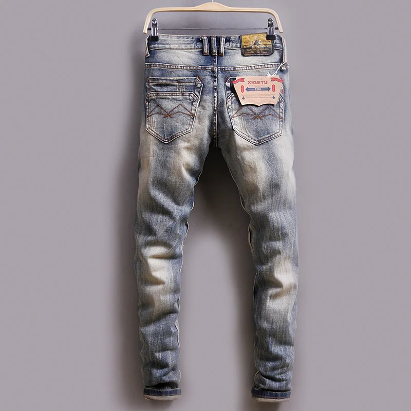 Celana jins pria desainer mode, celana Denim Vintage pria, celana jins robek ketat, celana jins pria gaya Italia, celana Denim Vintage, kancing Fly, untuk pria