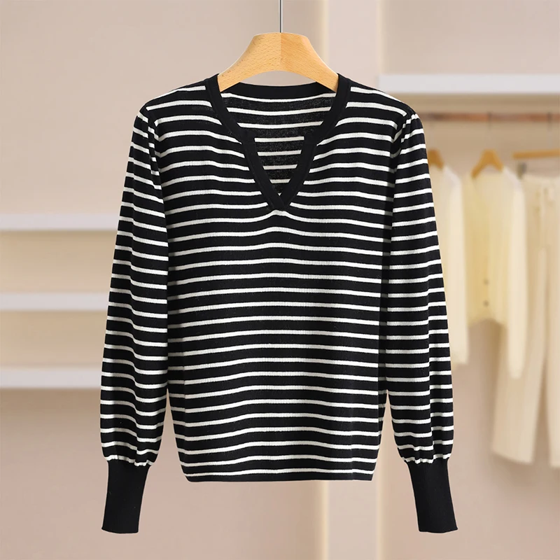 

Slim Fit V Ne Striped Knitwear Faionable Commute Sle Women's Sweater Polyester Wool Nylon Long Sve round Ne Striped