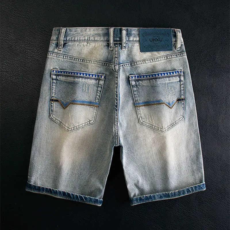 Summer Fashion Men Jeans High Quality Retro Washed Blue Stretch Slim Fit Ripped Short Jeans Vintage Designer Denim Shorts Men
