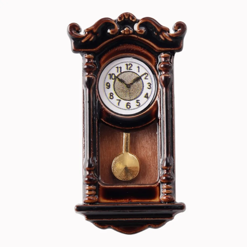 

Alloy Material Dollhouse Wall Clock Movable Pendulum 1:12 Scale Vintage Clock Wooden Design Simulated Furniture Model