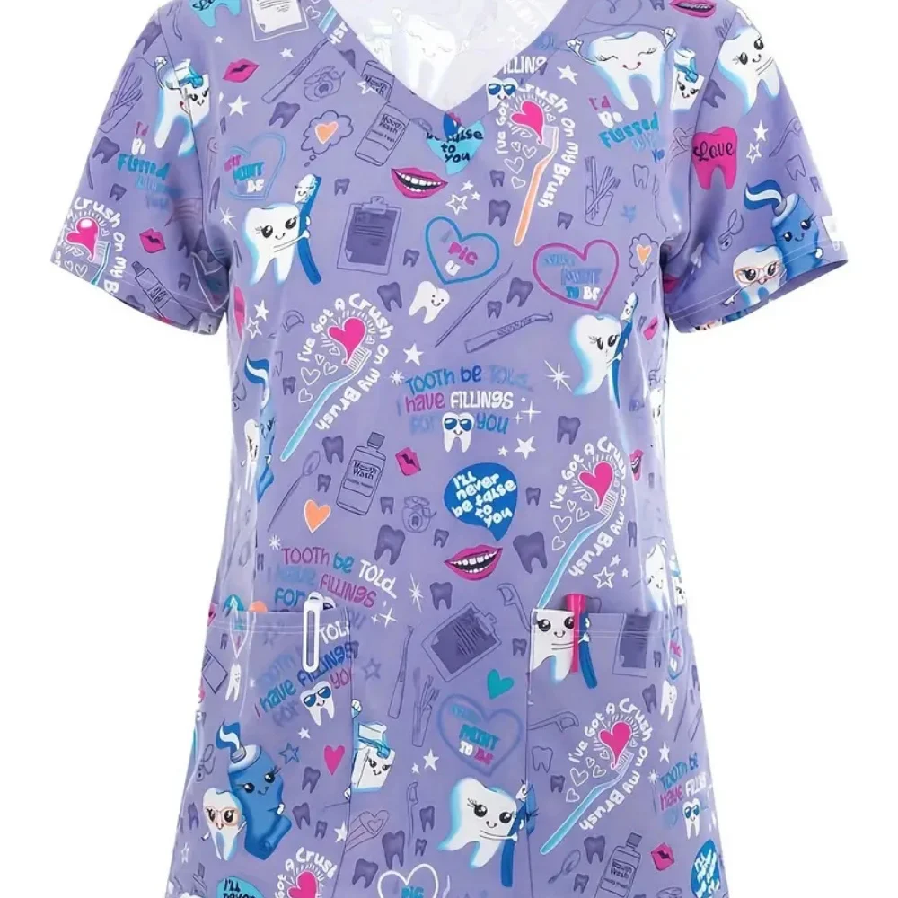 Medical Nursing Uniform Women’s Stretch Ombre Print V-Neck Short Sleeve Tops Pocket Medical Clothing for Women Hospital Uniform