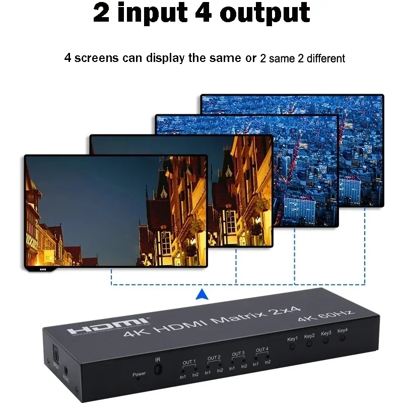 4K 60Hz 2x4 HDMI Matrix HDMI Switcher Splitter 2 in 4 Out W/ Audio Extractor Video Converter for PS4 Camera Laptop PC To Monitor