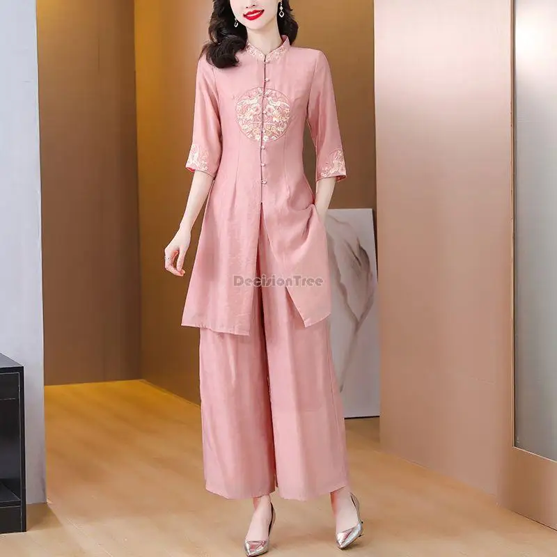 

2023 female chinese style tang suit new zen improved cheongsam two-piece stand collar top long pants national loose set s337