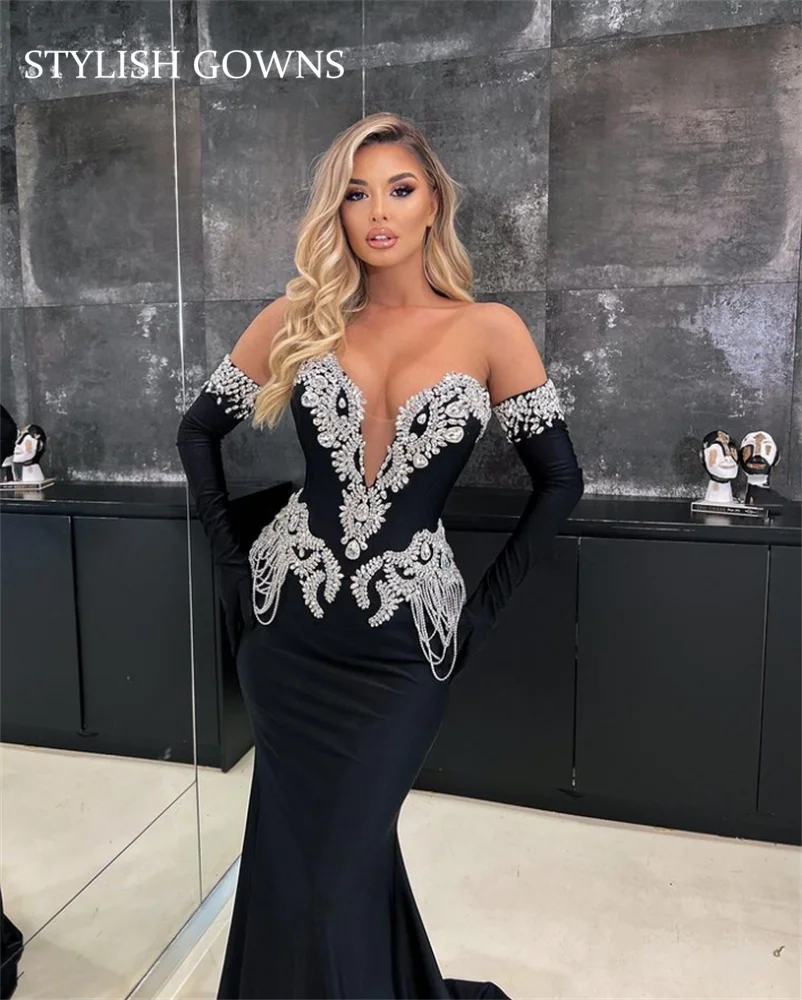 

Luxury Dubai Sweetheart Evening Dresses For Black Girls Beaded Crystal Birthday Party Gowns With Gloves Tassel Robe De Bal