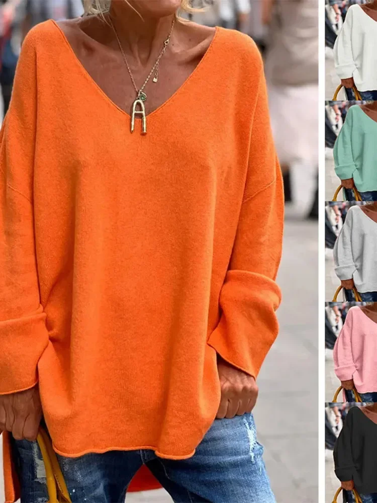 Camiseta holgada de manga larga para mujer, Top cómodo con cuello en V, Color sólido, otoño e invierno, 2024