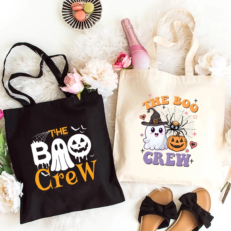 The Boo Crew Canvas Tote Bag Women Men Reusable Shopper Bag Harajuku Fashion Halloween Graphic Shoulder Handbags for Student