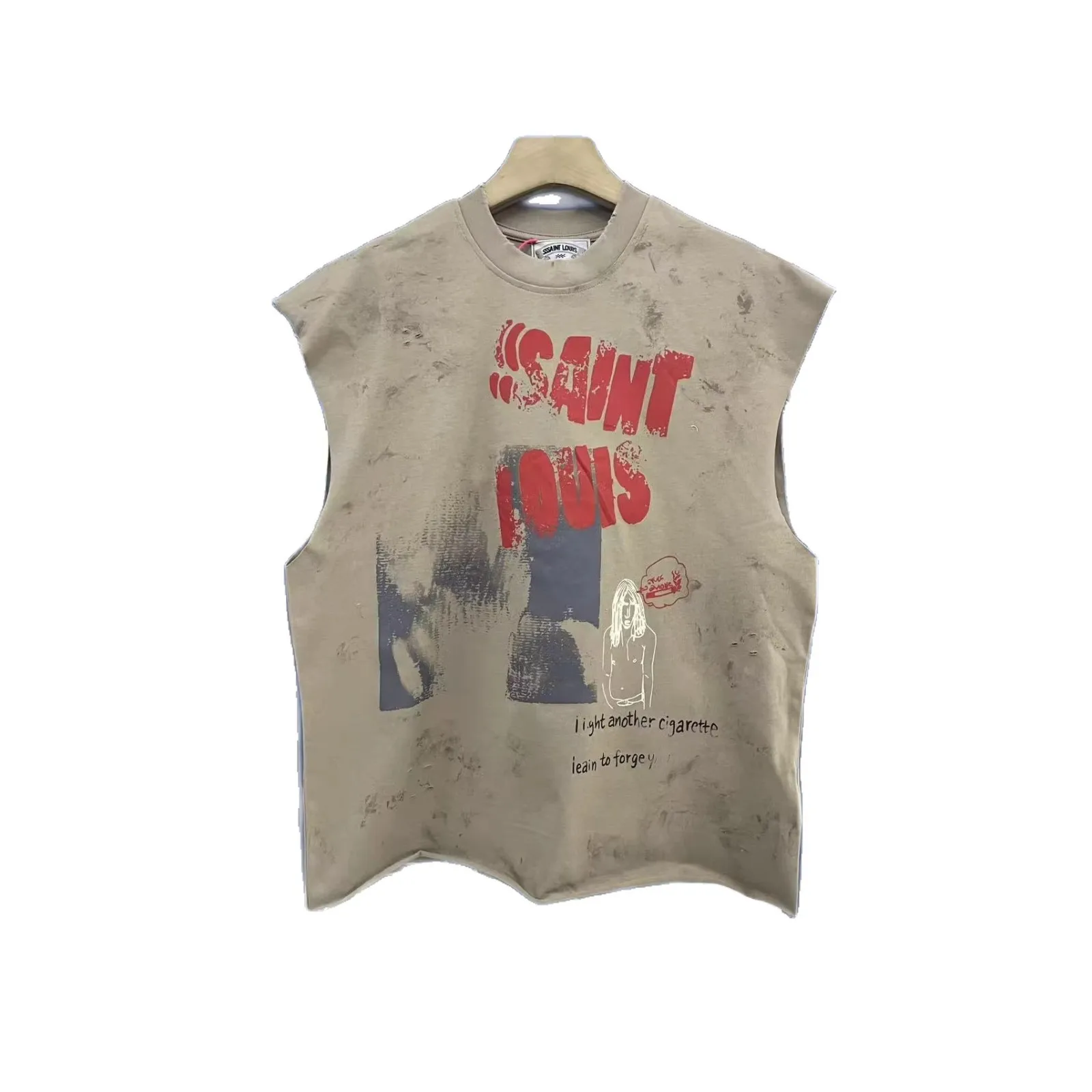 SSSAINT LOUIS 26SS Red Logo Flame Print Washed Vintage Sleeveless T-Shirt for Men and Women Trendy