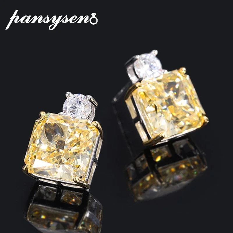 PANSYSEN 925 Sterling Silver 10MM Radiant Cut Pink Green High Carbon Diamond Gemstone Wedding Party Stud Earrings for Women Gift