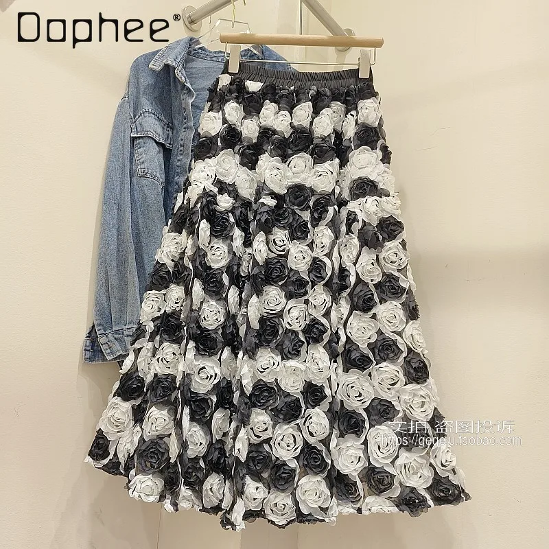 

Black White Three Dimensional Flower Long Skirt French Retro Elastic Waist A Line Big Swing Skirt Contrast Color Aesthetics