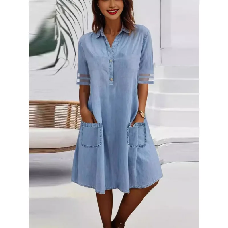 2025 Damen-Kleid mit hoher Taille, einfarbig, Mini-Denim, kurzärmelig, Knopfhalsausschnitt