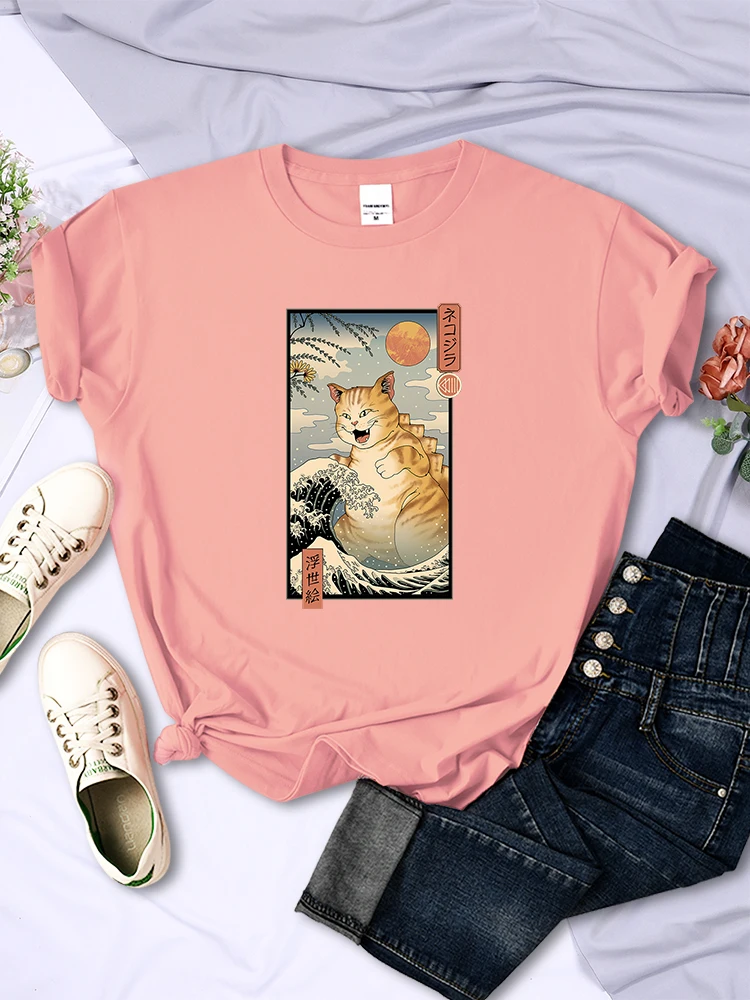 Waves And Big Cat Ukiyo E Style Female T Shirts Street Harajuku Short Sleeve Soft Casual Tee Clothing Hip Hop Vintage Women Tops