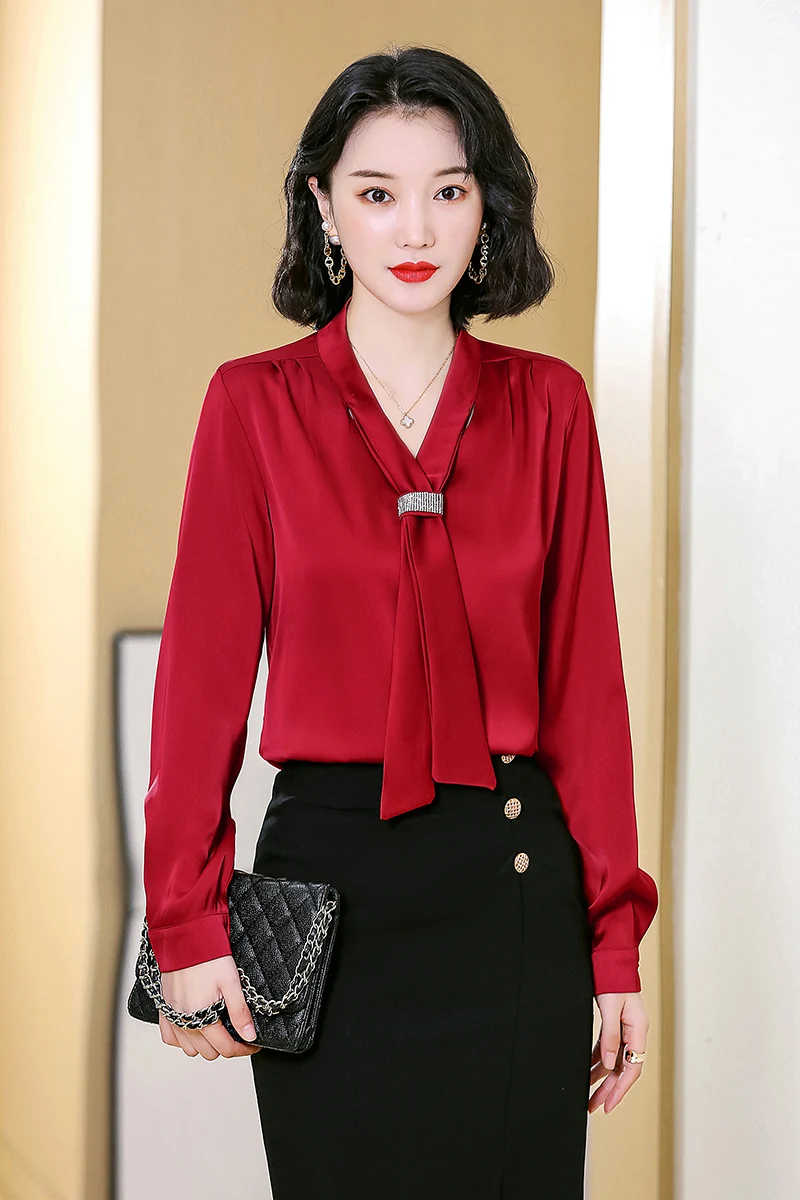 Satin Women Blouse Korean Fashion Ribbon Women Shirt Long Sleeve Red Tops Women 2024 New Silk Female Clothing Shirts for Women