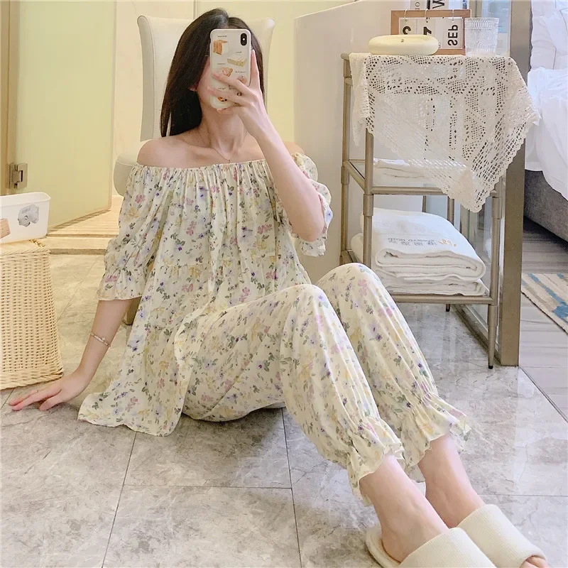 

Short Sleeve Pants Floral Print Woman Satin Pajama Sets Ensembles 2 Piece Two-Piece Lady Outfit Lounge Women Pijama Pajama Pj