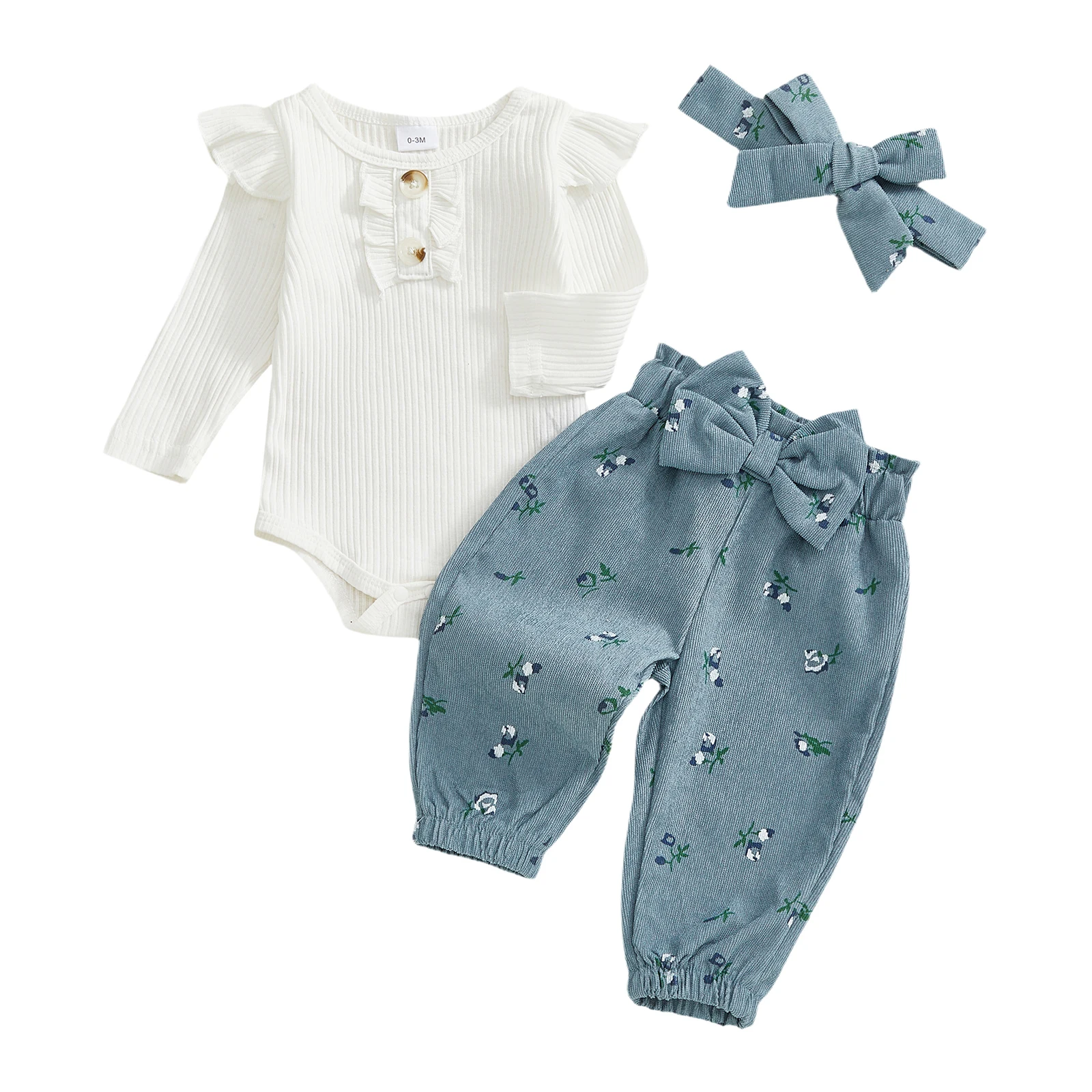 Baby Girls Fall Outfit Long Sleeve Romper with Floral Pants and Headband Clothing Set