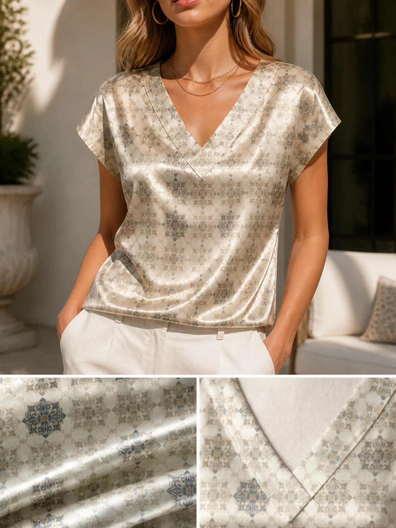 Floral Satin V Neck Top for Women Cap Sleeve Loose Draped Fit Silky Casual Holiday Streetwear Lightweight Breathable Lovely Chic