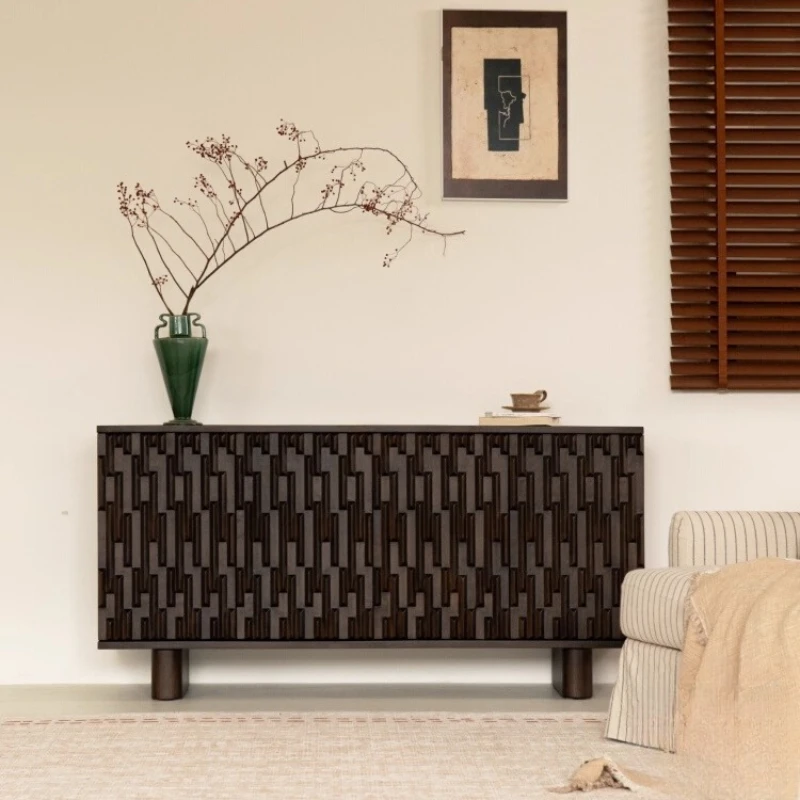 

Medieval solid wood dining side cabinet, retro relief living room integrated storage cabinet against the wall