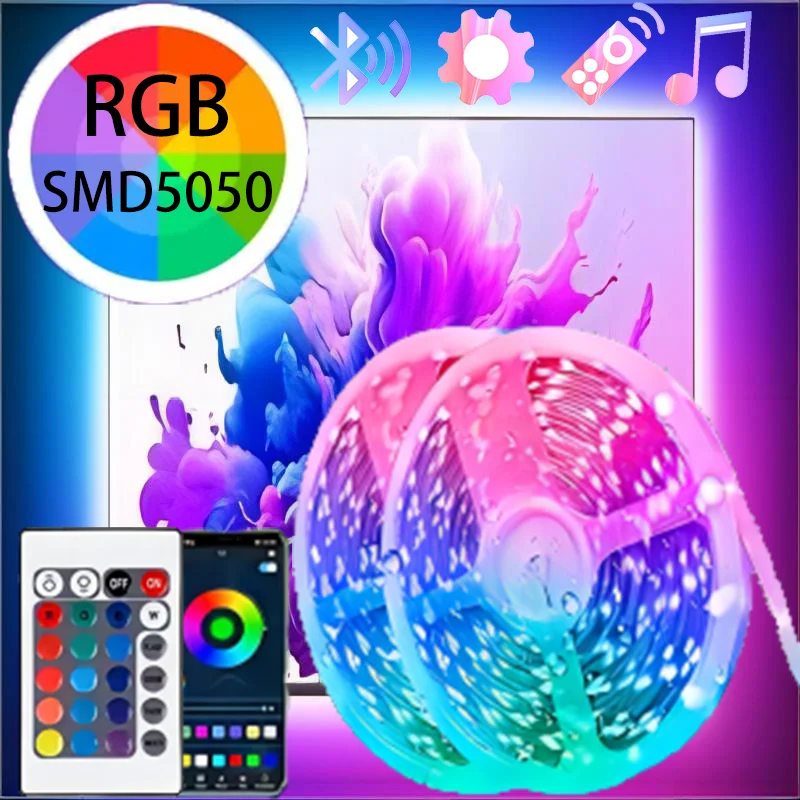 RGB LED Strip Lights para Decoração de Casa, 5050, App, Bluetooth, IR, Controle Remoto, USB, 1m, 2m, 3m, 4m, 5m, 10m, 15m, 20m, Festival, Retroiluminação